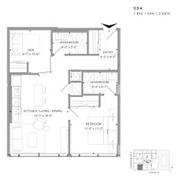 Floor plan of 204 (1 Bed + Den, 2 Bath) at SoHo Champagne 2