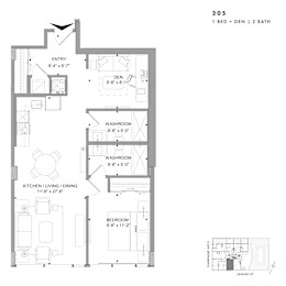 Floor plan of 205 (1 Bed + Den, 2 Bath) at SoHo Champagne 2