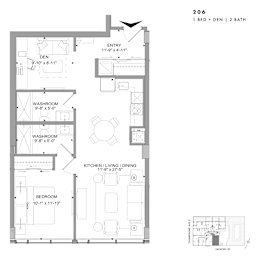 Floor plan of 206 (1 Bed + Den, 2 Bath) at SoHo Champagne 2