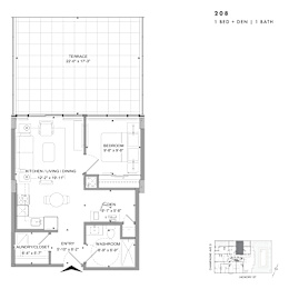 Floor plan of 208 (1 Bed + Den, 1 Bath) at SoHo Champagne 2
