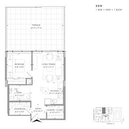 Floor plan of 209 (1 Bed + Den, 1 Bath) at SoHo Champagne 2