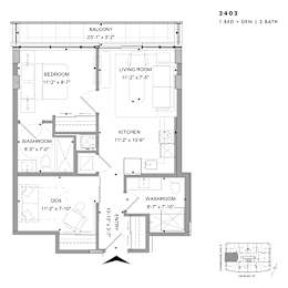 Floor plan of 2402 (1 Bed + Den, 2 Bath) at SoHo Champagne 2