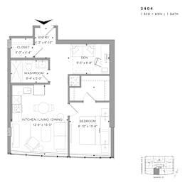 Floor plan of 2404 (1 Bed + Den, 1 Bath) at SoHo Champagne 2