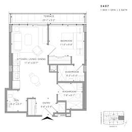 Floor plan of 2407 (1 Bed + Den, 2 Bath) at SoHo Champagne 2