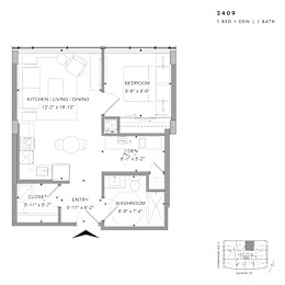 Floor plan of 2409 (1 Bed + Den, 1 Bath) at SoHo Champagne 2