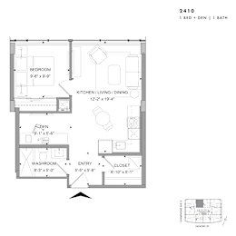 Floor plan of 2410 (1 Bed + Den, 1 Bath) at SoHo Champagne 2