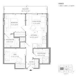 Floor plan of 2502 (1 Bed + Den, 2 Bath) at SoHo Champagne 2