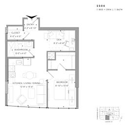 Floor plan of 2504 (1 Bed + Den, 1 Bath) at SoHo Champagne 2