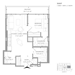 Floor plan of 2507 (1 Bed + Den, 2 Bath) at SoHo Champagne 2
