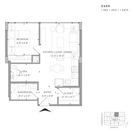 Floor plan of 2509 (1 Bed + Den, 1 Bath) at SoHo Champagne 2
