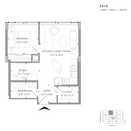 Floor plan of 2510 (1 Bed + Den, 1 Bath) at SoHo Champagne 2