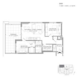 Floor plan of 301 (1 Bed + Den, 2 Bath) at SoHo Champagne 2