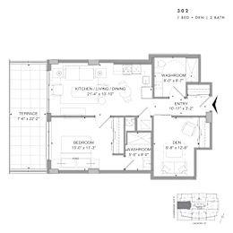 Floor plan of 302 (1 Bed + Den, 1 Bath) at SoHo Champagne 2