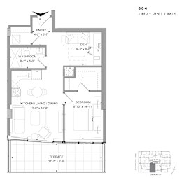 Floor plan of 304 (1 Bed + Den, 1 Bath) at SoHo Champagne 2