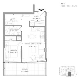 Floor plan of 305 (1 Bed + Den, 1 Bath) at SoHo Champagne 2