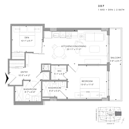 Floor plan of 307 (1 Bed + Den, 2 Bath) at SoHo Champagne 2