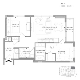Floor plan of 308 (2 Bed, 2 Bath) at SoHo Champagne 2