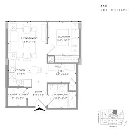 Floor plan of 309 (1 Bed + Den, 1Bath) at SoHo Champagne 2