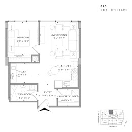 Floor plan of 310 (1 Bed + Den, 1 Bath) at SoHo Champagne 2