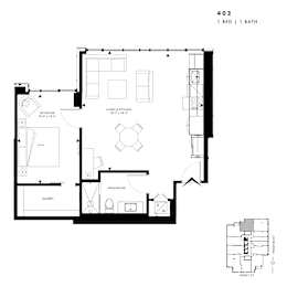 Floor plan of 402 (1 Bed, 1 Bath) at SoHo Italia