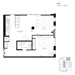 Floor plan of 403 (1 Bed, 1 Bath) at SoHo Italia