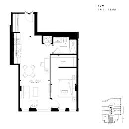 Floor plan of 409 (1 Bed, 1 Bath) at SoHo Italia