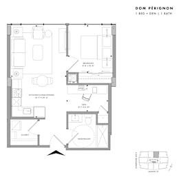 Floor plan of Dom Perignon (1 Bed + Den, 1 Bath) at SoHo Champagne 2