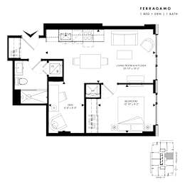 Floor plan of Ferragamo (1 Bed + Den, 1 Bath) at SoHo Italia