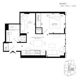 Floor plan of Gucci (1 Bed + Den, 1 Bath) at SoHo Italia