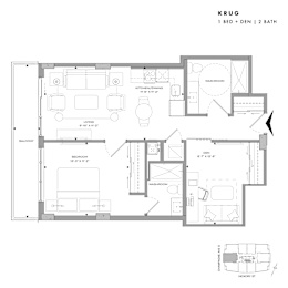 Floor plan of Krug (1 Bed + Den, 2 Bath) at SoHo Champagne 2