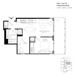 Floor plan of Sky Suite Ferragamo (1 Bed + Den, 1 Bath) at SoHo Italia