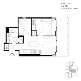 Floor plan of Sky Suite Gucci (1 Bed + Den, 1 Bath) at SoHo Italia