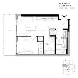 Floor plan of Sky Suite Valentino (1 Bed + Den, 1 Bath) at SoHo Italia