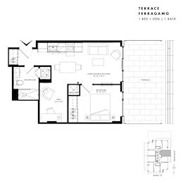 Floor plan of Ferragamo Suite Ferragamo (1 Bed + Den, 1 Bath) at SoHo Italia