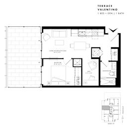 Floor plan of Terrace Suite Valentino (1 Bed + Den, 1 Bath) at SoHo Italia