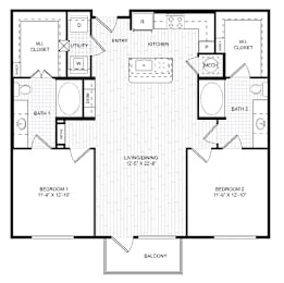 A black and white floor plan of a two bedroom apartment.