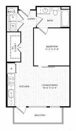 A floor plan of a small apartment with a bedroom, living/dining area, kitchen, and balcony.
