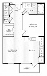 A floor plan of an apartment with a bedroom, living room, kitchen, and balcony.