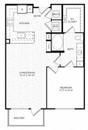 A black and white image of a floor plan for a living space.