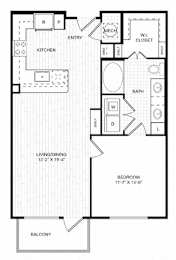 A black and white image of a floor plan for a home with a kitchen, living room, and bedroom.