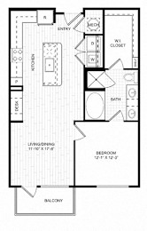 A black and white image of a floor plan for a small apartment.