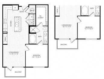 A floor plan of an apartment with two bedrooms, a living area, a balcony, a kitchen, a dining room, and a bathroom.