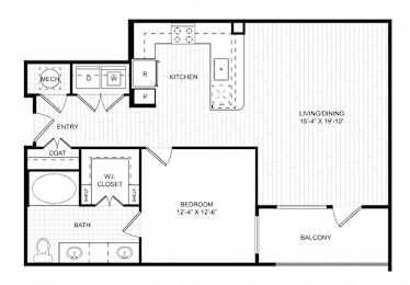 A floor plan of a home with a living room, dining room, kitchen, and bathroom.