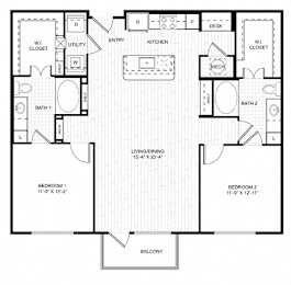 A black and white image of a floor plan for a two bedroom apartment.