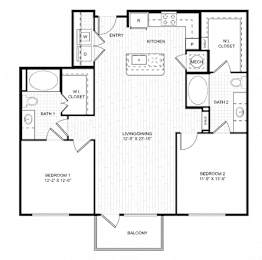 A black and white image of a living room floor plan.
