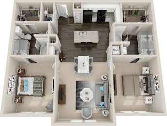A top-down view of a modern apartment layout with a kitchen, living room, and bedroom.