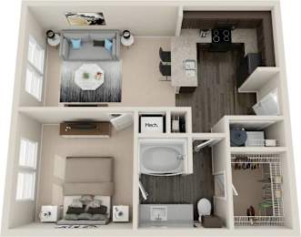 A 3D floor plan of a small apartment with a kitchen, living room, and bathroom.