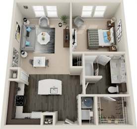 A top-down view of a small apartment with a kitchen, living room, and bedroom.