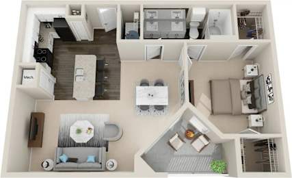 A top-down view of a modern apartment layout with a kitchen, living room, and bedroom.