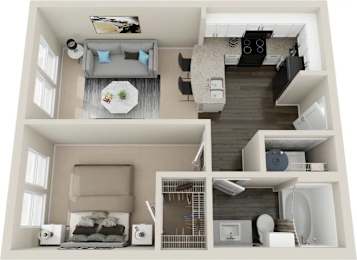 A 3D rendered image of a modern apartment layout.